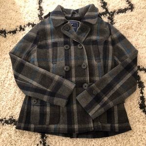 American Eagle gray wool plaid pea coat large